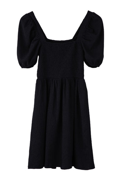 Black Mini Puff sleeved smocked dress