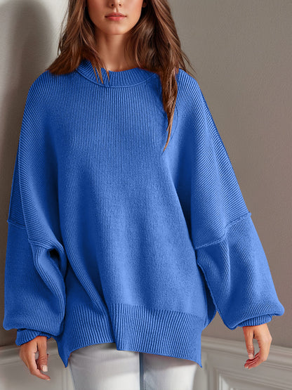 Oversize fitted Double Take Side Slit Round Neck Long Sleeve Sweater