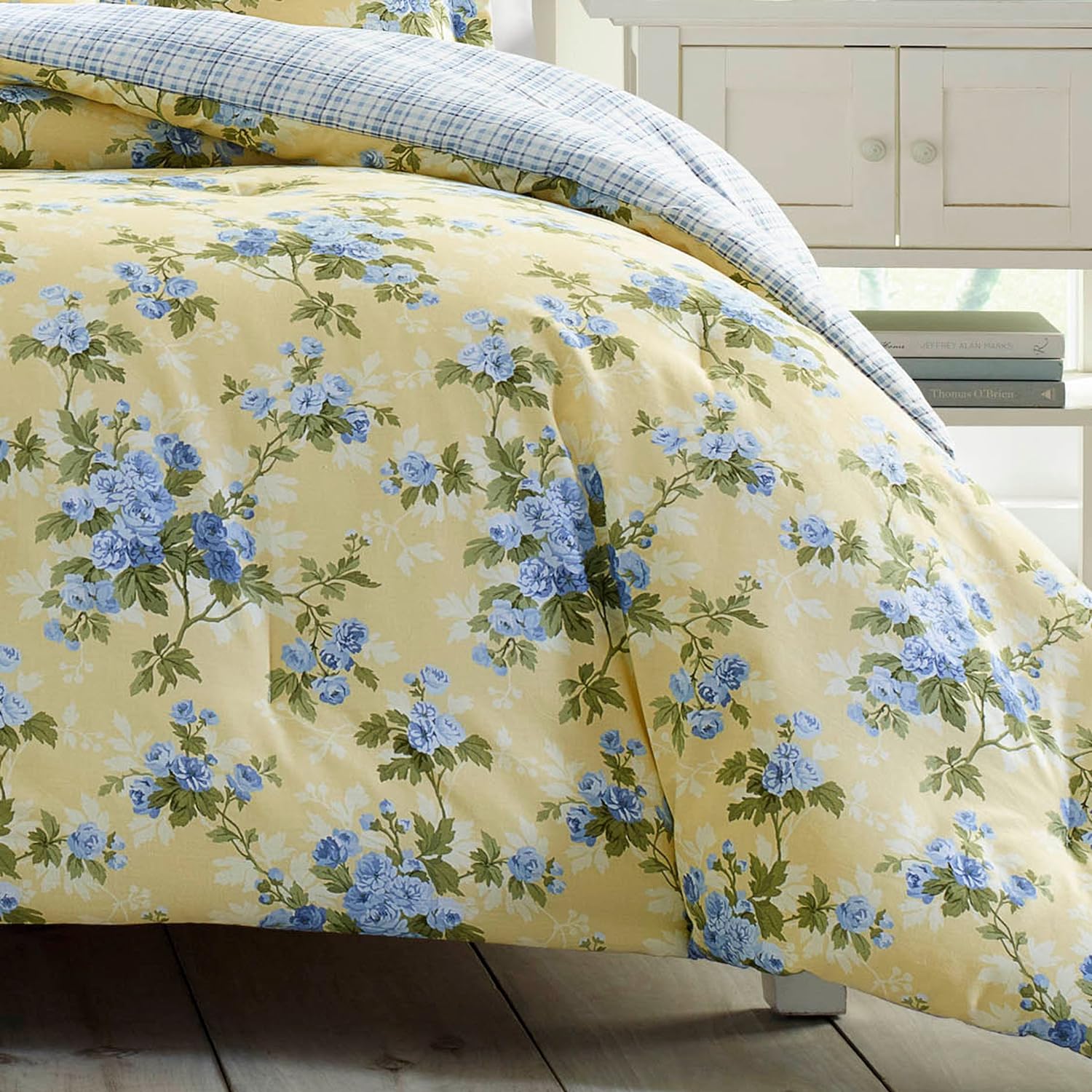 Laura Ashley Brand- Queen, King Comforter Set, Cotton Reversible Bedding, Includes Matching Shams with Bonus Euro Shams & Throw Pillows (Cassidy Yellow, King)