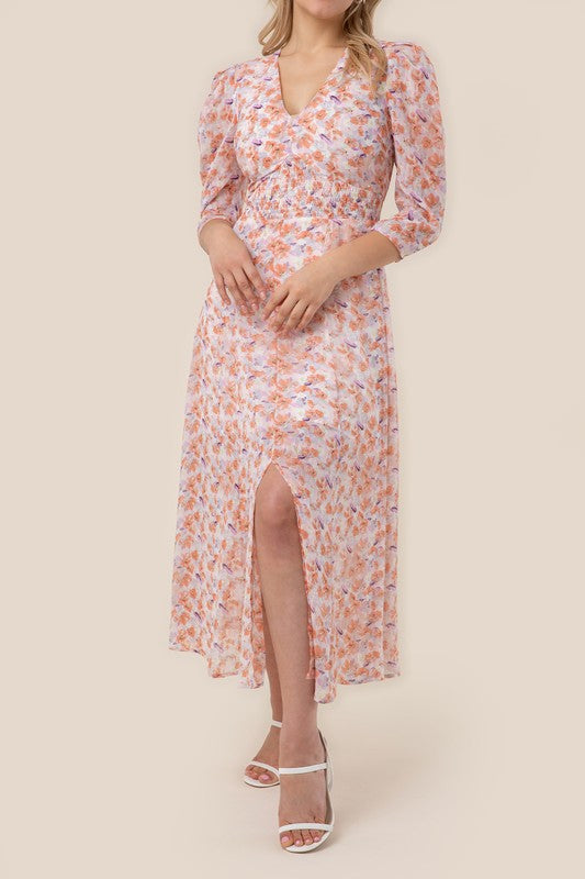 Orange Pink Floral V neck maxi dress