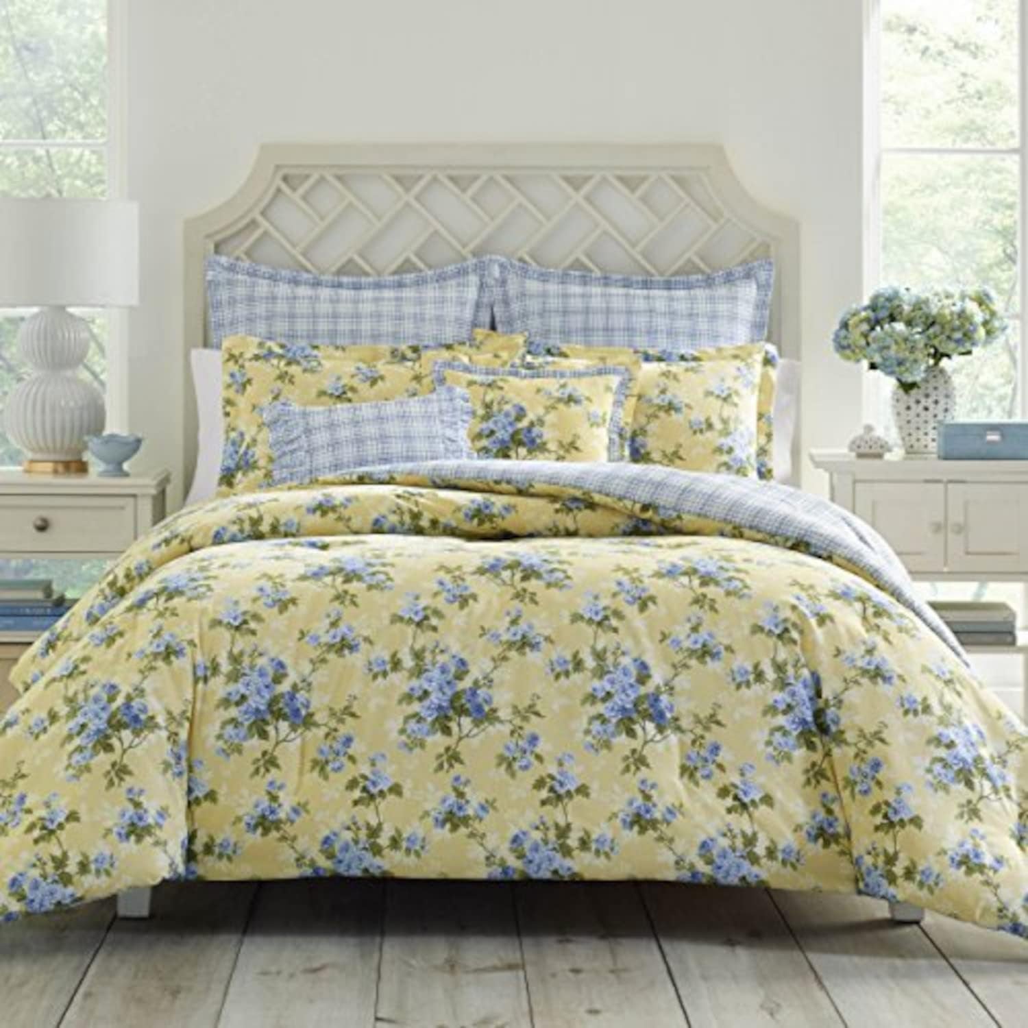 Laura Ashley Brand- Queen, King Comforter Set, Cotton Reversible Bedding, Includes Matching Shams with Bonus Euro Shams & Throw Pillows (Cassidy Yellow, King)