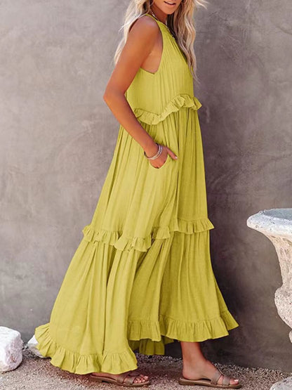 Natural Ruffled Sleeveless Maxi Dress with Pockets