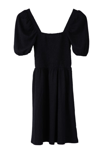 Black Mini Puff sleeved smocked dress