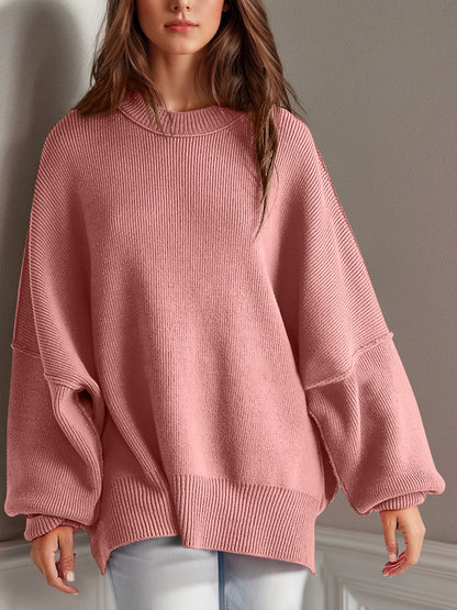 Oversize fitted Double Take Side Slit Round Neck Long Sleeve Sweater