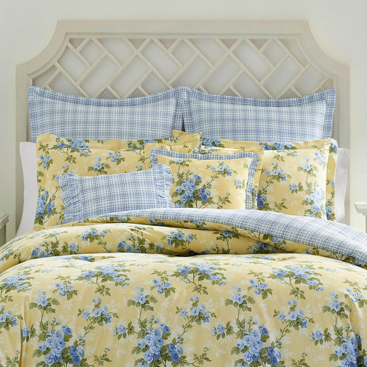 Laura Ashley Brand- Queen, King Comforter Set, Cotton Reversible Bedding, Includes Matching Shams with Bonus Euro Shams & Throw Pillows (Cassidy Yellow, King)
