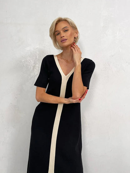 Black and White Elegant Short Sleeve Summer Knitted Dresses Slit Maxi Dress  Black White Long Knitted Dresses 