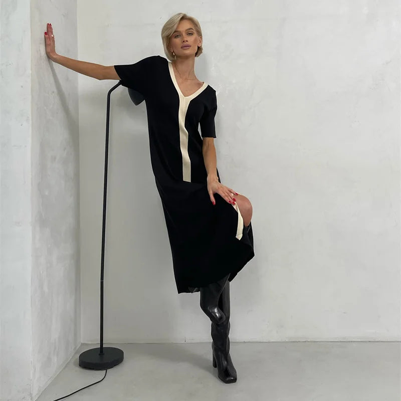 Black and White Elegant Short Sleeve Summer Knitted Dresses Slit Maxi Dress  Black White Long Knitted Dresses 