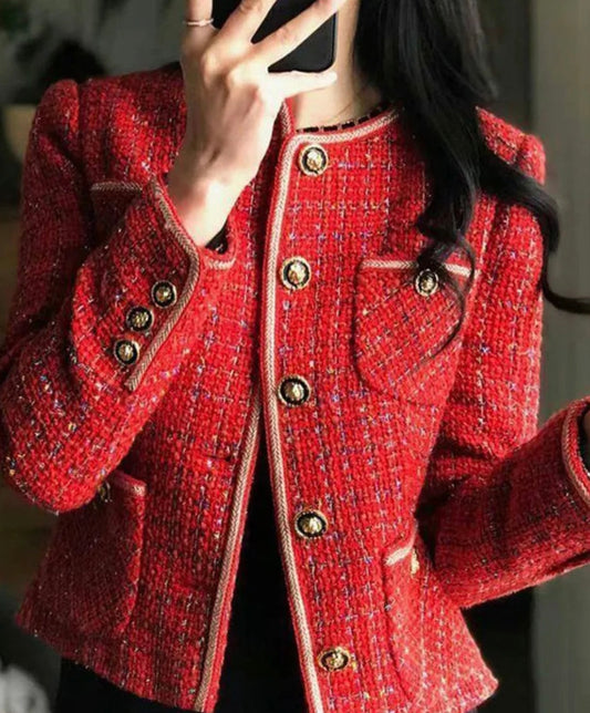 Scarlet Red Tweed Blazers Women New Autumn Winter Loose O-Neck Single-Breasted Suit Jacket