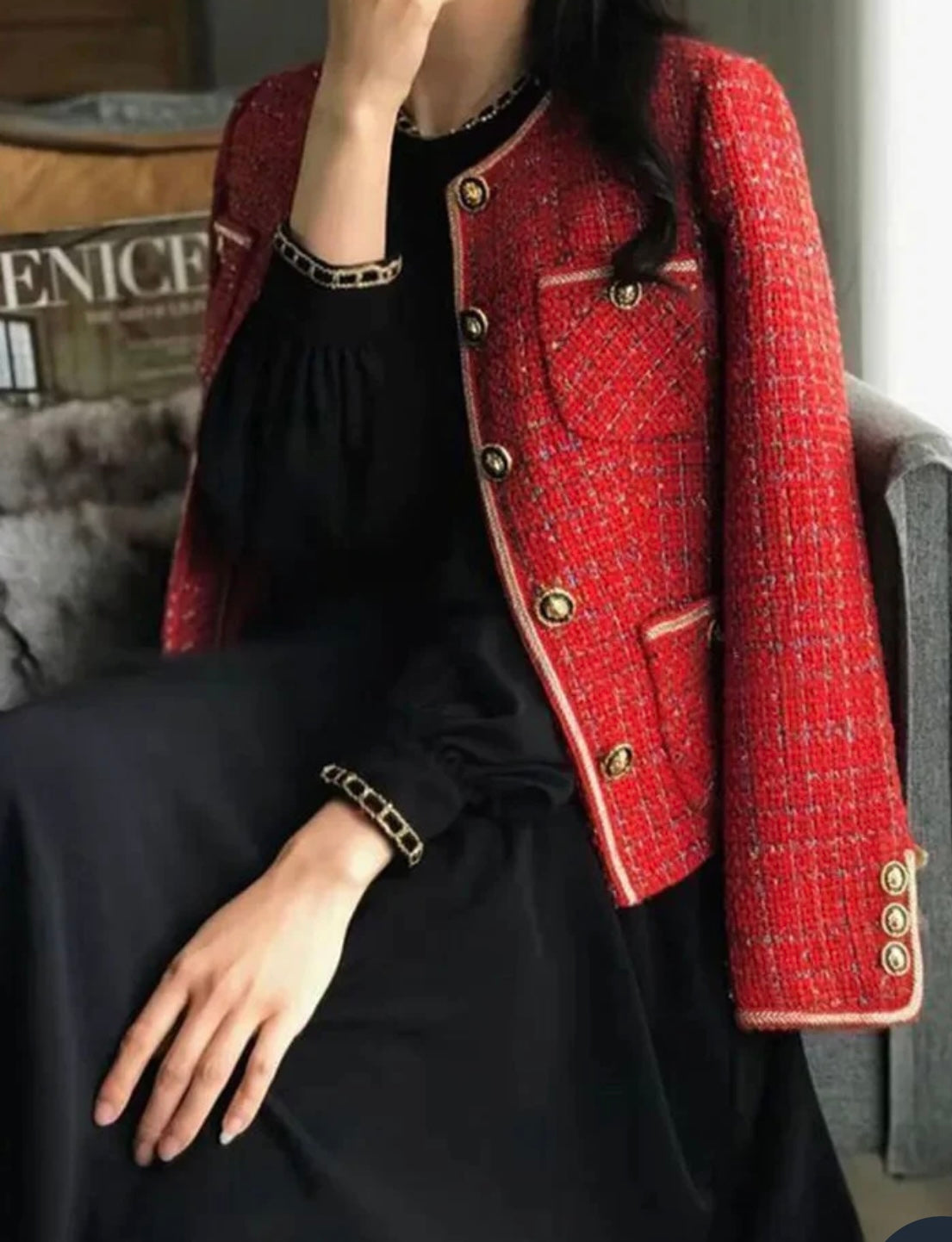 Scarlet Red Tweed Blazers Women New Autumn Winter Loose O-Neck Single-Breasted Suit Jacket