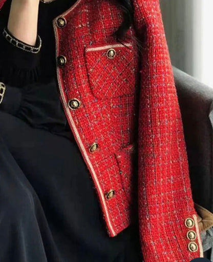 Scarlet Red Tweed Blazers Women New Autumn Winter Loose O-Neck Single-Breasted Suit Jacket