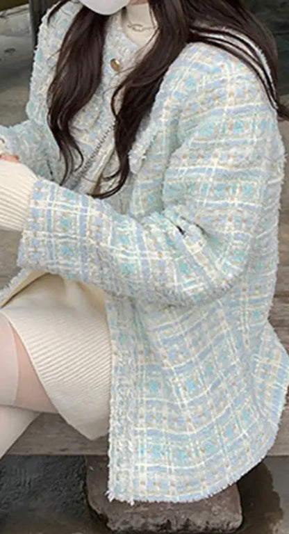 Pastel Tone Color French Style Fashion Sweet Plaid Tweed Jacket Women Luxury Coats Outwear O-Neck Elegant Lady Blazers