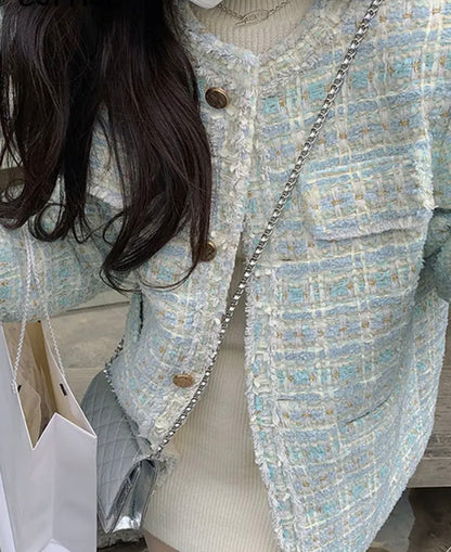 Pastel Tone Color French Style Fashion Sweet Plaid Tweed Jacket Women Luxury Coats Outwear O-Neck Elegant Lady Blazers