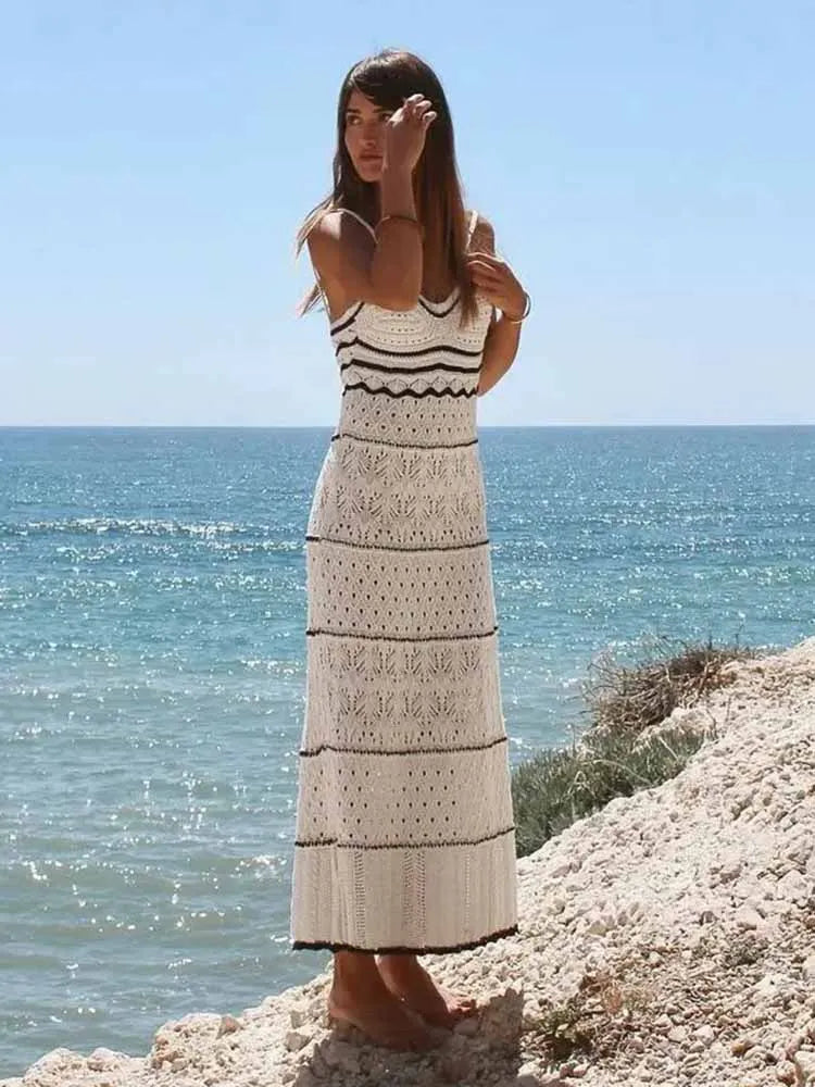 White and Black Knitted Women's Slim Sling Midi Long Dress