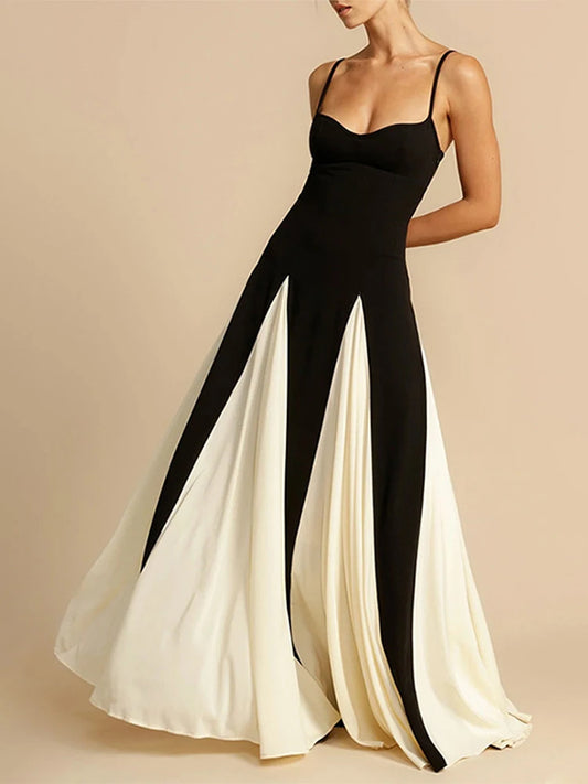 Elegant Black & White Patchwork Dress Women Sleeveless A-line Maxi Party Dresses
