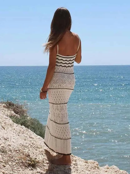 White and Black Knitted Women's Slim Sling Midi Long Dress