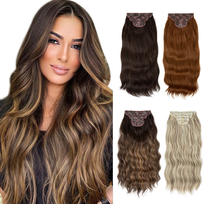 Synthetic Long Wavy Clip 4pcs In Hair Extensions 22" Thick Hairpiece For Women Brown Blonde Black Natural Fake Hair