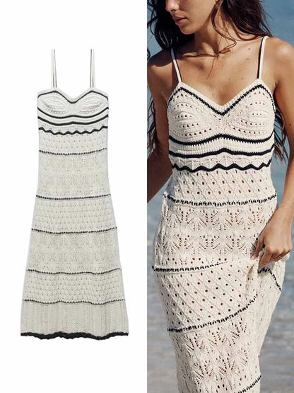 White and Black Knitted Women's Slim Sling Midi Long Dress