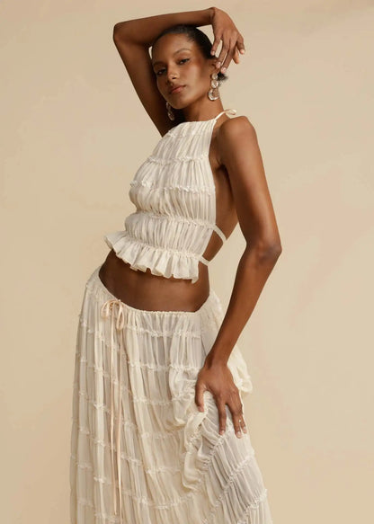 White Backless Sling Halter Neck Top Lace Up Fold Maxi Skirt Set