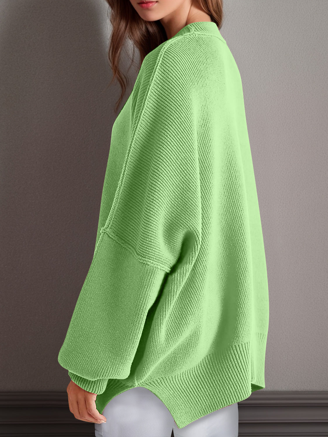 Oversize fitted Double Take Side Slit Round Neck Long Sleeve Sweater