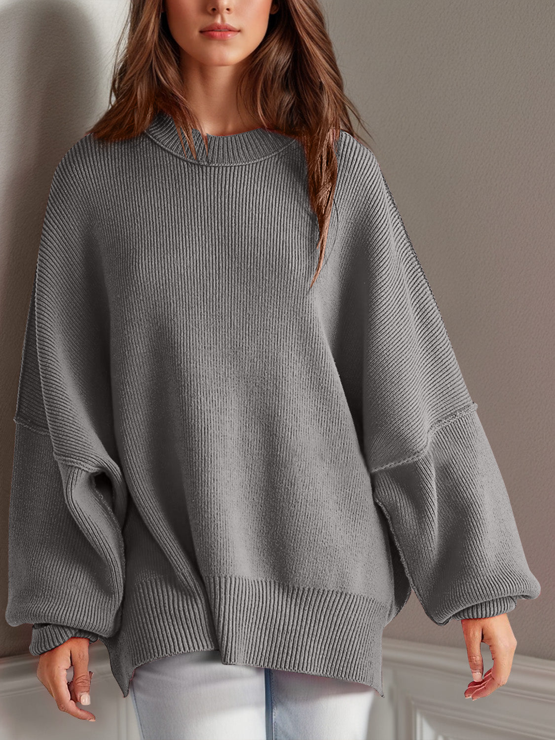 Oversize fitted Double Take Side Slit Round Neck Long Sleeve Sweater