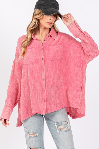 FIG Frayed Hem Side Slit Button Down Shirt