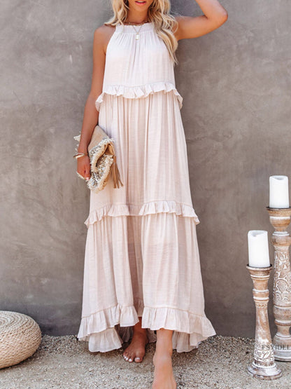 Natural Ruffled Sleeveless Maxi Dress with Pockets