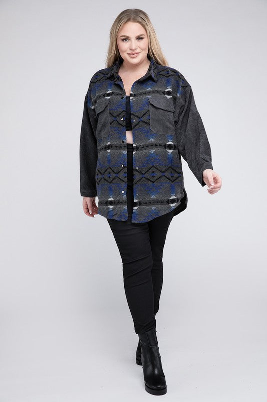 Blue Mountain Plus Printed Natural Button Down Long Sleeve Jacket
