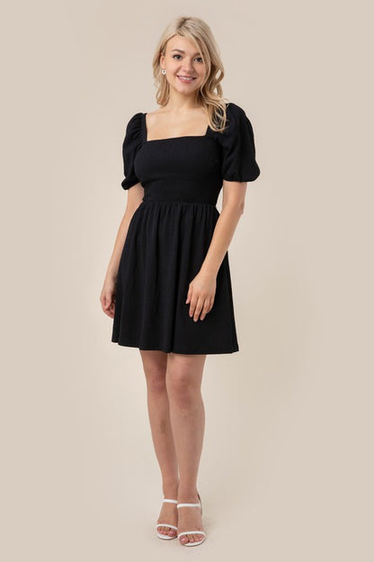 Black Mini Puff sleeved smocked dress