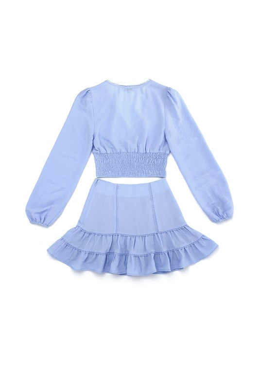 Lace trimmed smocking mini blouse and skirt set