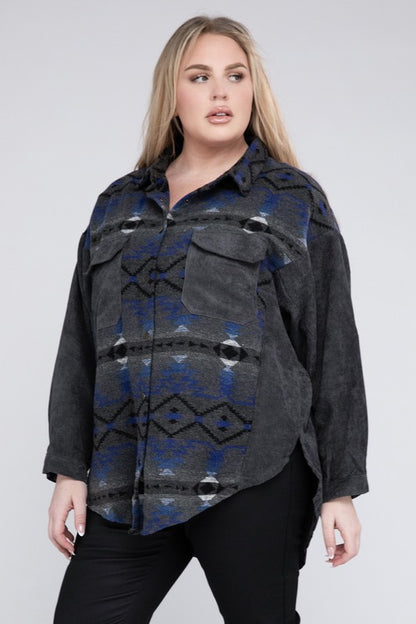 Blue Mountain Plus Printed Natural Button Down Long Sleeve Jacket