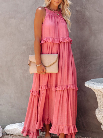 Natural Ruffled Sleeveless Maxi Dress with Pockets