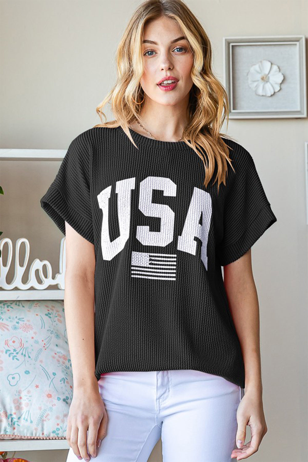 Full Size USA Graphic Short Sleeve Ribbed Top