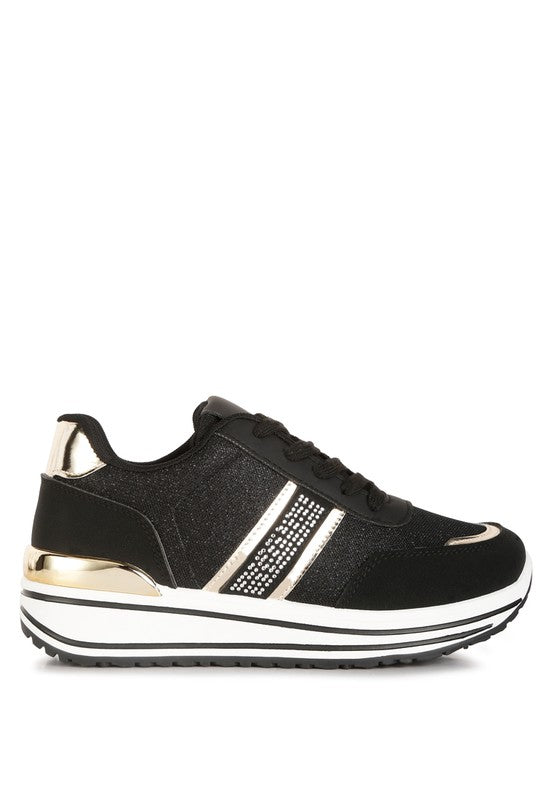 Black and White Bold Design Metallic Panel Platform Sneakers