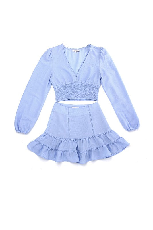 Lace trimmed smocking mini blouse and skirt set