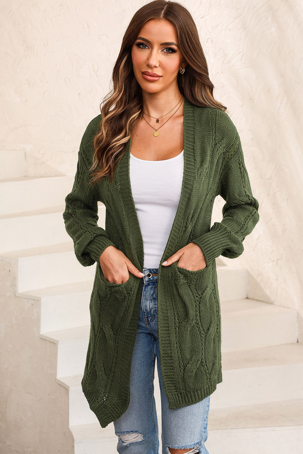 Creamy Soft Easy Calm Cable-Knit Dropped Shoulder Cardigan