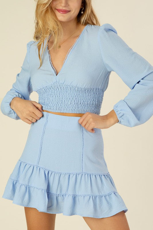 Lace trimmed smocking mini blouse and skirt set