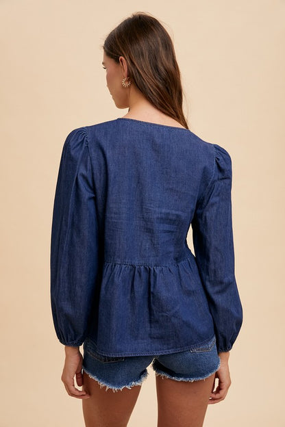 Annie Wear Tie Front Peplum Long Sleeve Denim Top