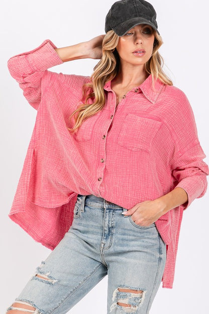 FIG Frayed Hem Side Slit Button Down Shirt