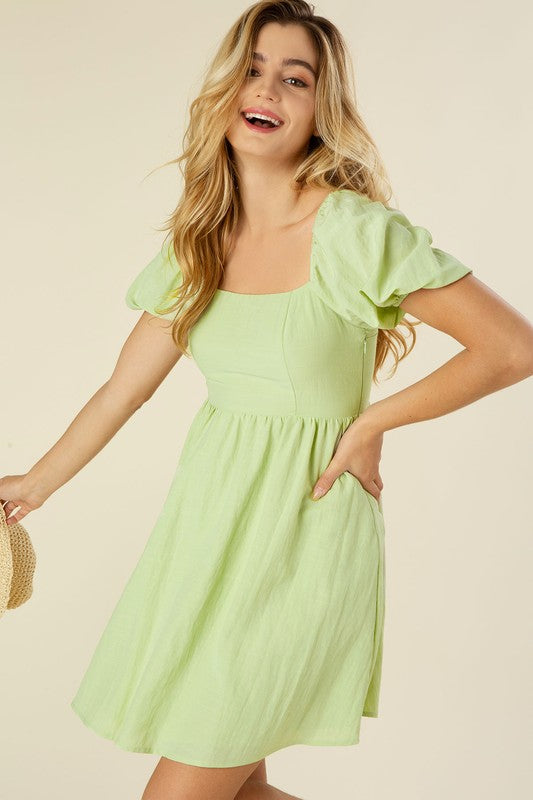 Lime Green Tie back dress with puff sleeves
