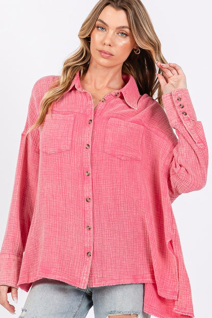 FIG Frayed Hem Side Slit Button Down Shirt