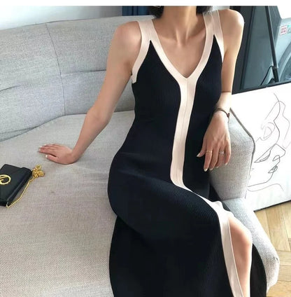 Fashion Women V-Neck Maxi Dress Sexy Sling Sleeveless Dresses Knitted Long Dress Women Sweater Female