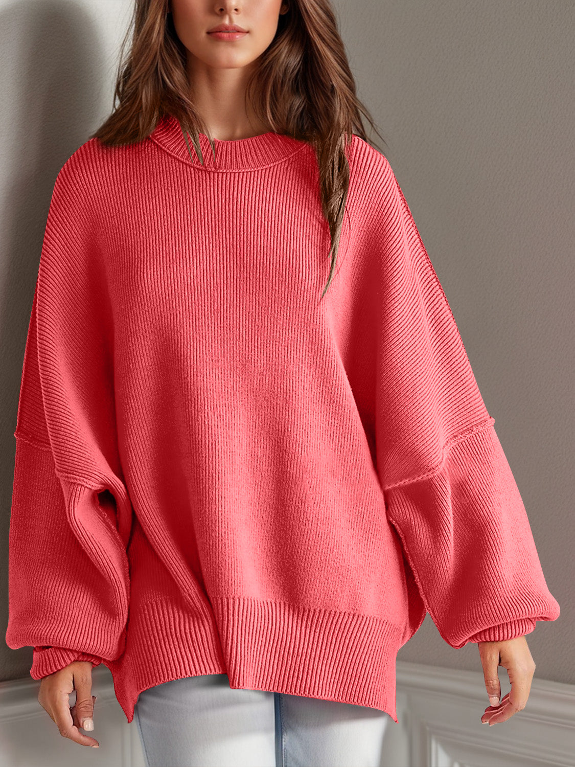 Oversize fitted Double Take Side Slit Round Neck Long Sleeve Sweater