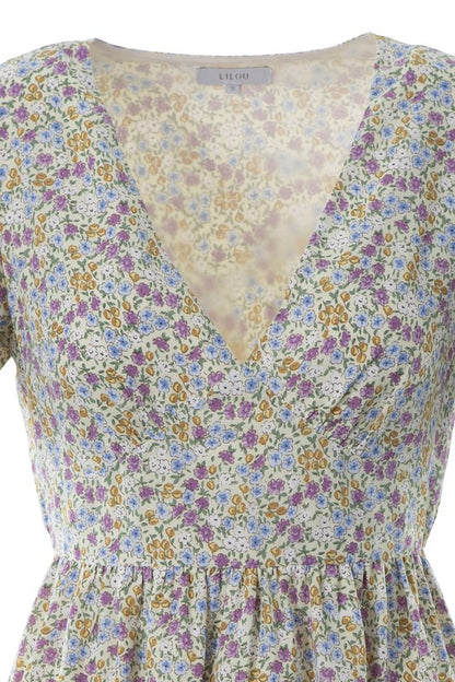 Purple and yellow Floral V neck dress