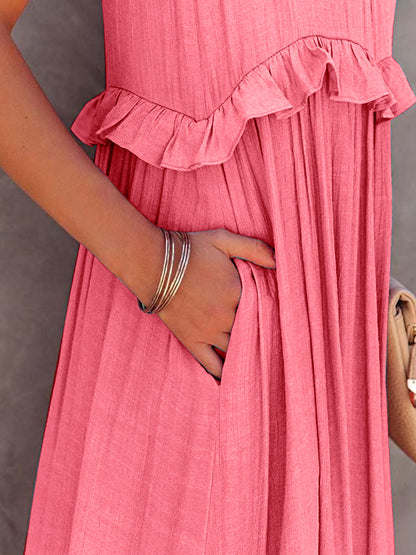 Natural Ruffled Sleeveless Maxi Dress with Pockets