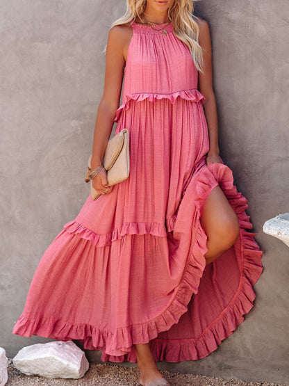 Natural Ruffled Sleeveless Maxi Dress with Pockets