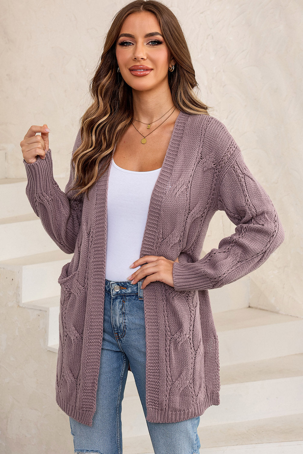 Creamy Soft Easy Calm Cable-Knit Dropped Shoulder Cardigan