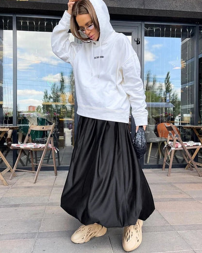 Fashion Beige Satin Skirts for Women Elegant High Waist Office Lady Ankle-Length Skirt Casual Loose Skirt Female Clothes