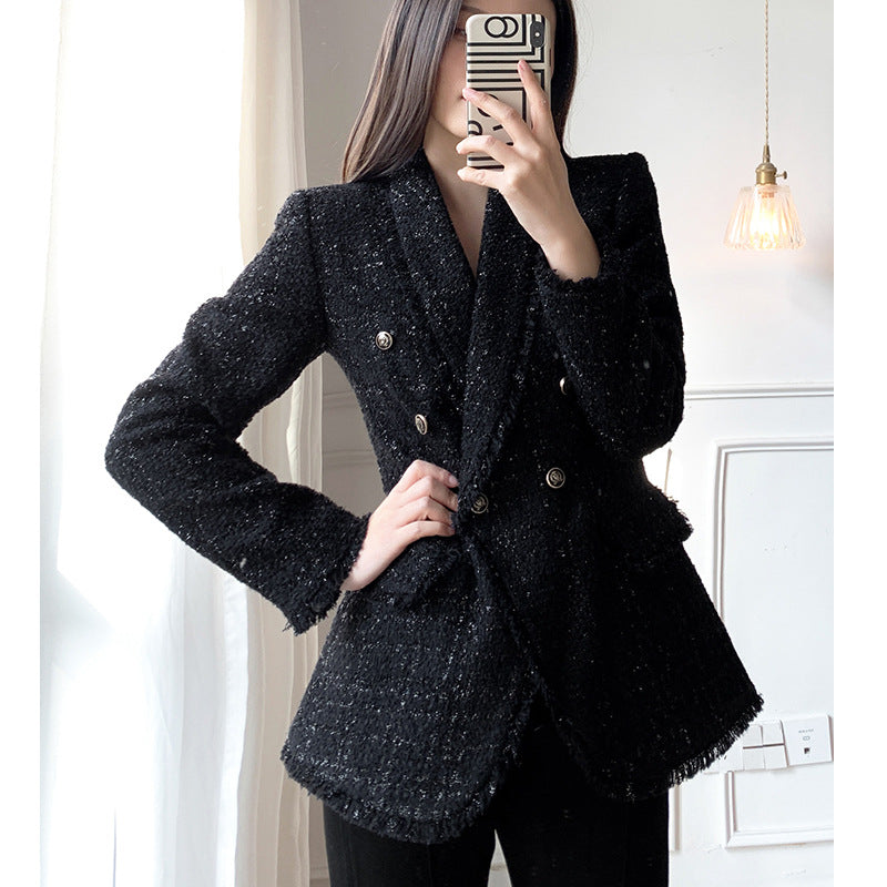 Black Basic Cha Style Glam Jacquard mini Tweed Women's Suit Jacket