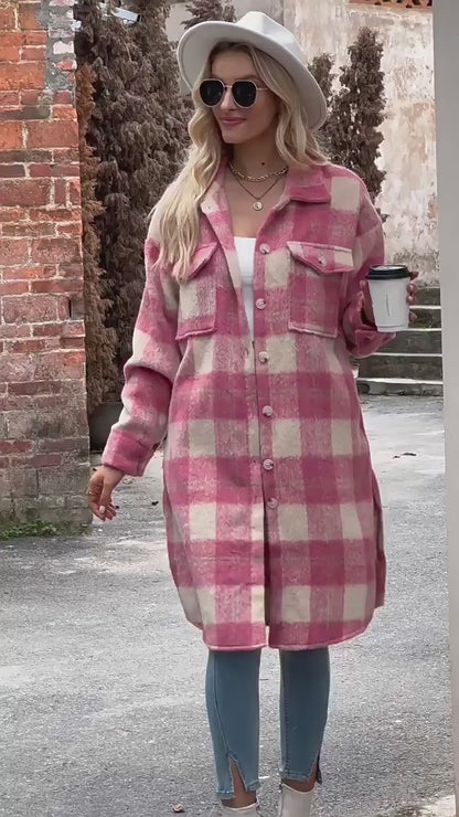 Pink and Light Blue Big Plaid Spring/Fall Dropped Shoulder Slit Shirts Cardigan Coat