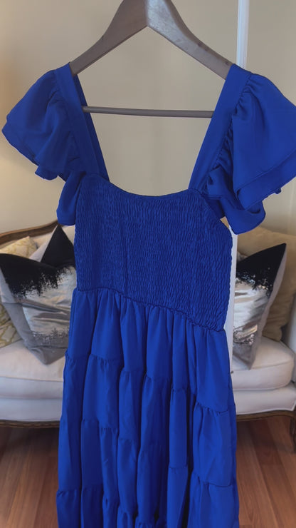 Women's Cobalt Blue Ruffle Sleeve Midi Summer Dress
